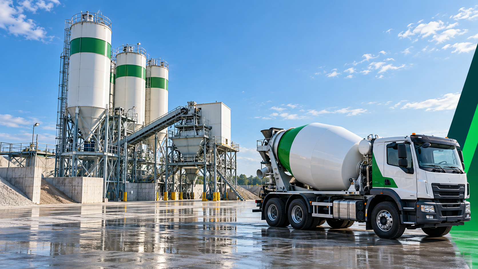 Central de concreto com silos e caminhão betoneira